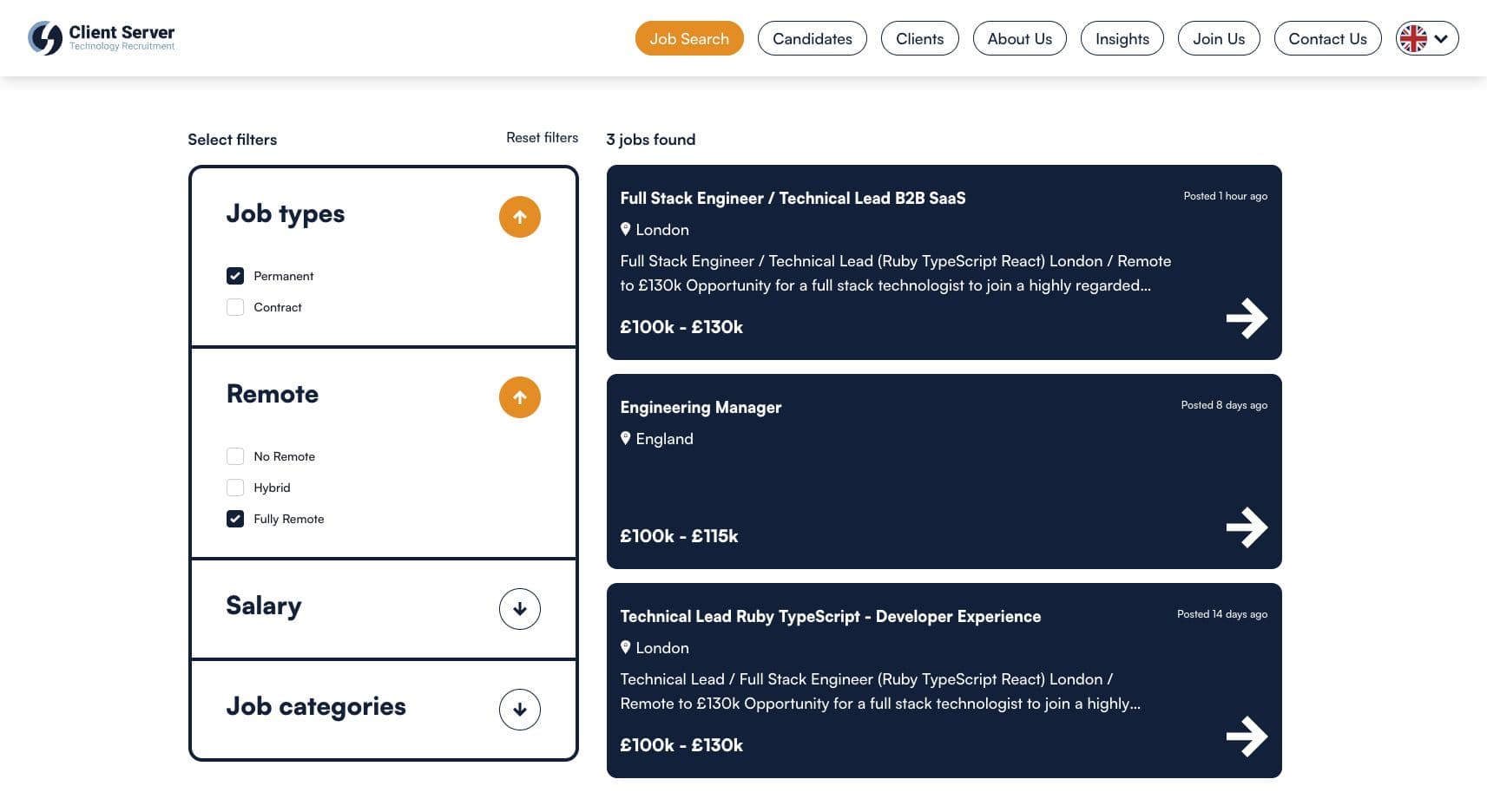 Client Server’s recruitment interface with permanent and fully remote filters selected alongside three vacancy cards.