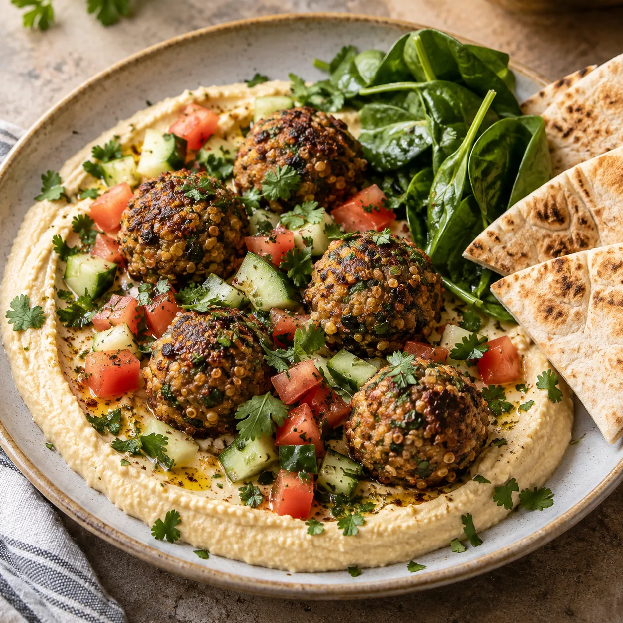 Plant-based kefta on herby hummus with cucumber, tomato, spinach and pita.