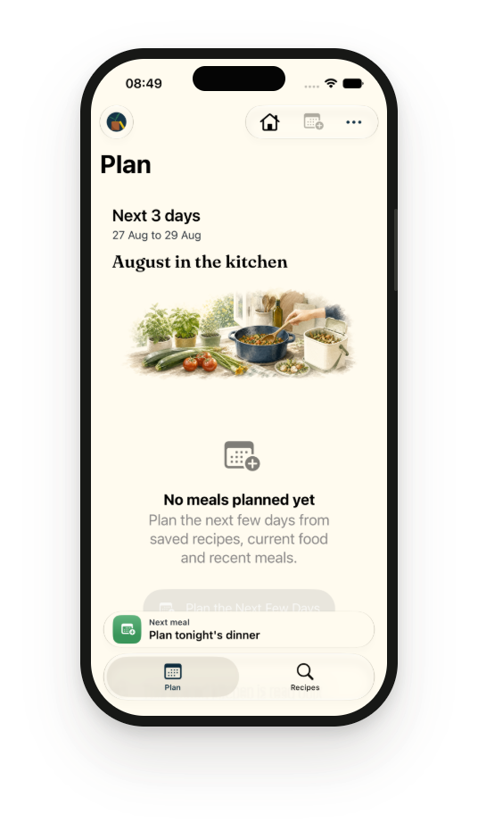 Plantry iPhone preview showing a three-day August meal plan and a prompt to plan tonight's dinner.
